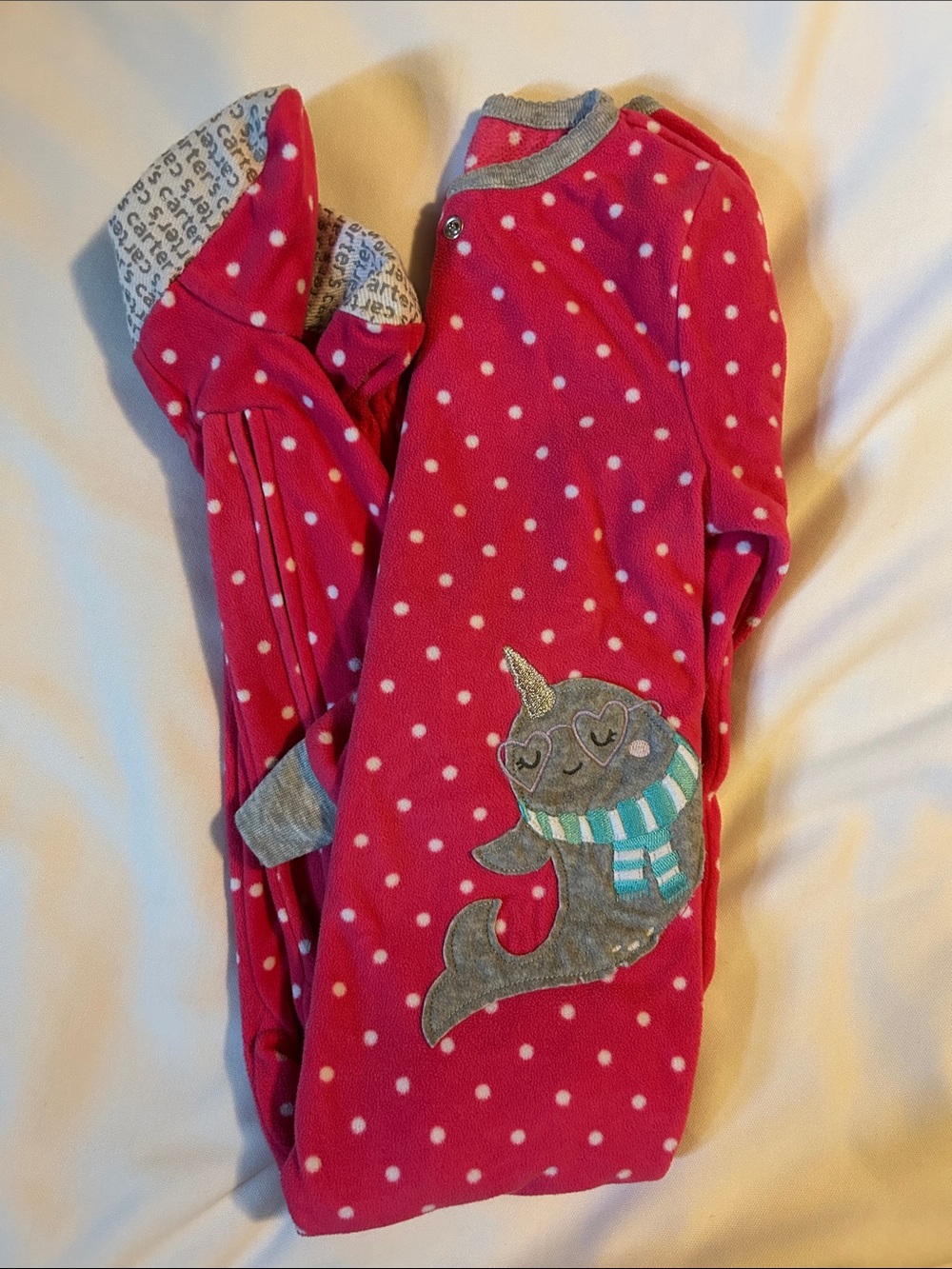 Girls' Pink Polka Dot Narwhal Footed Pajamas, 3T